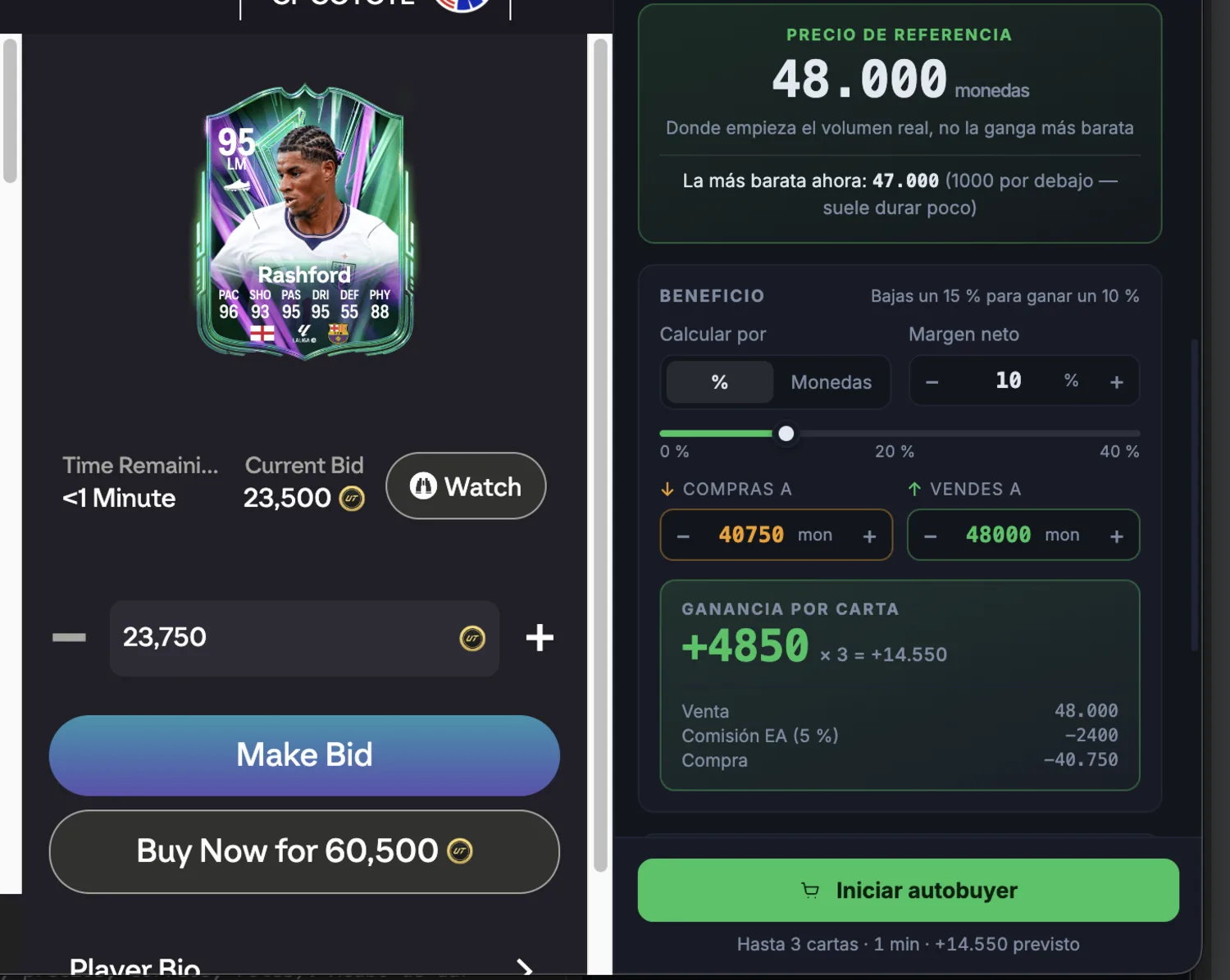 La calculadora de margen de ClubPilot: compra, venta, comisión y ganancia por carta.