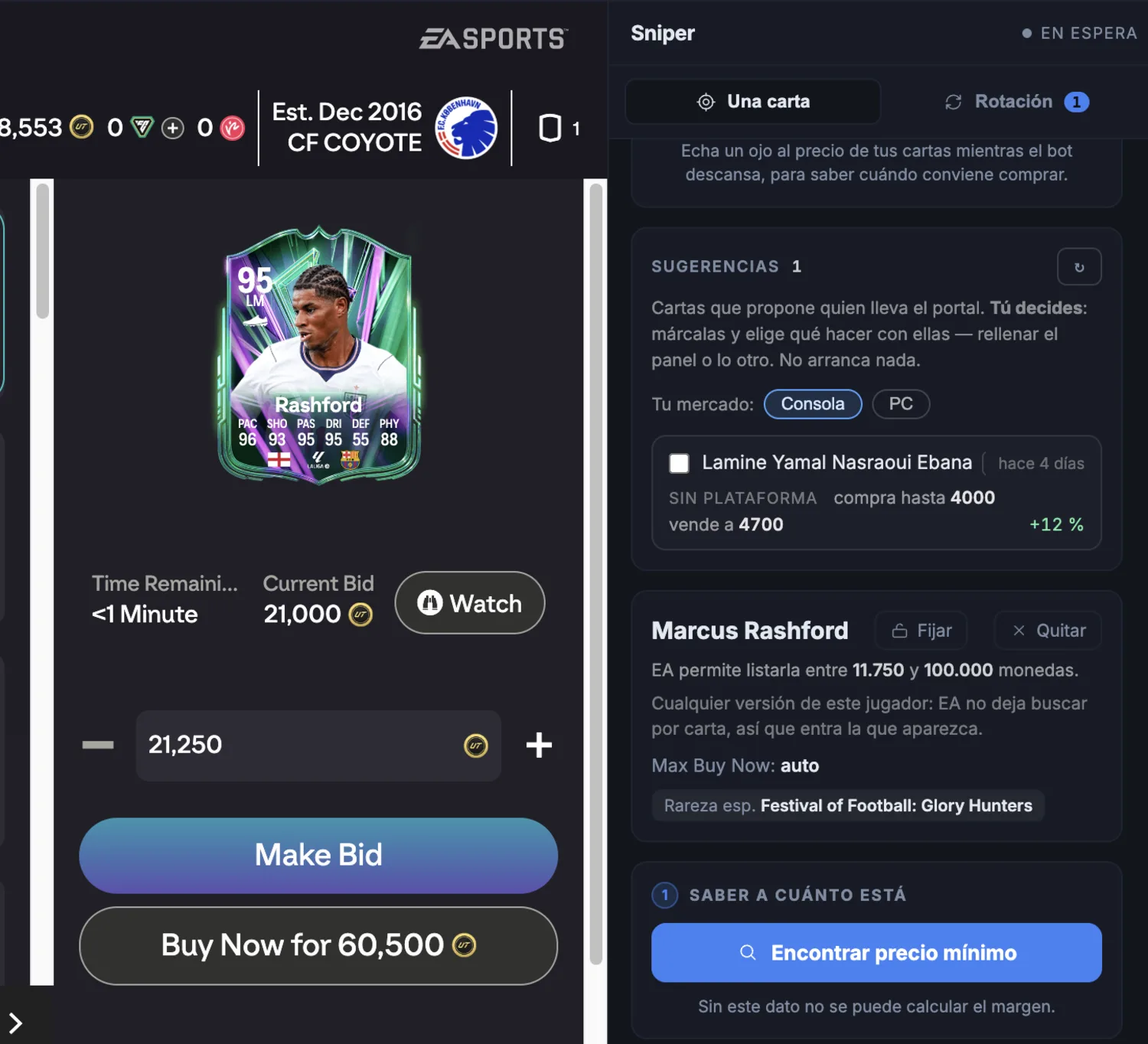 El sniper de ClubPilot junto a la web app de EA, mostrando el precio de referencia de una carta.